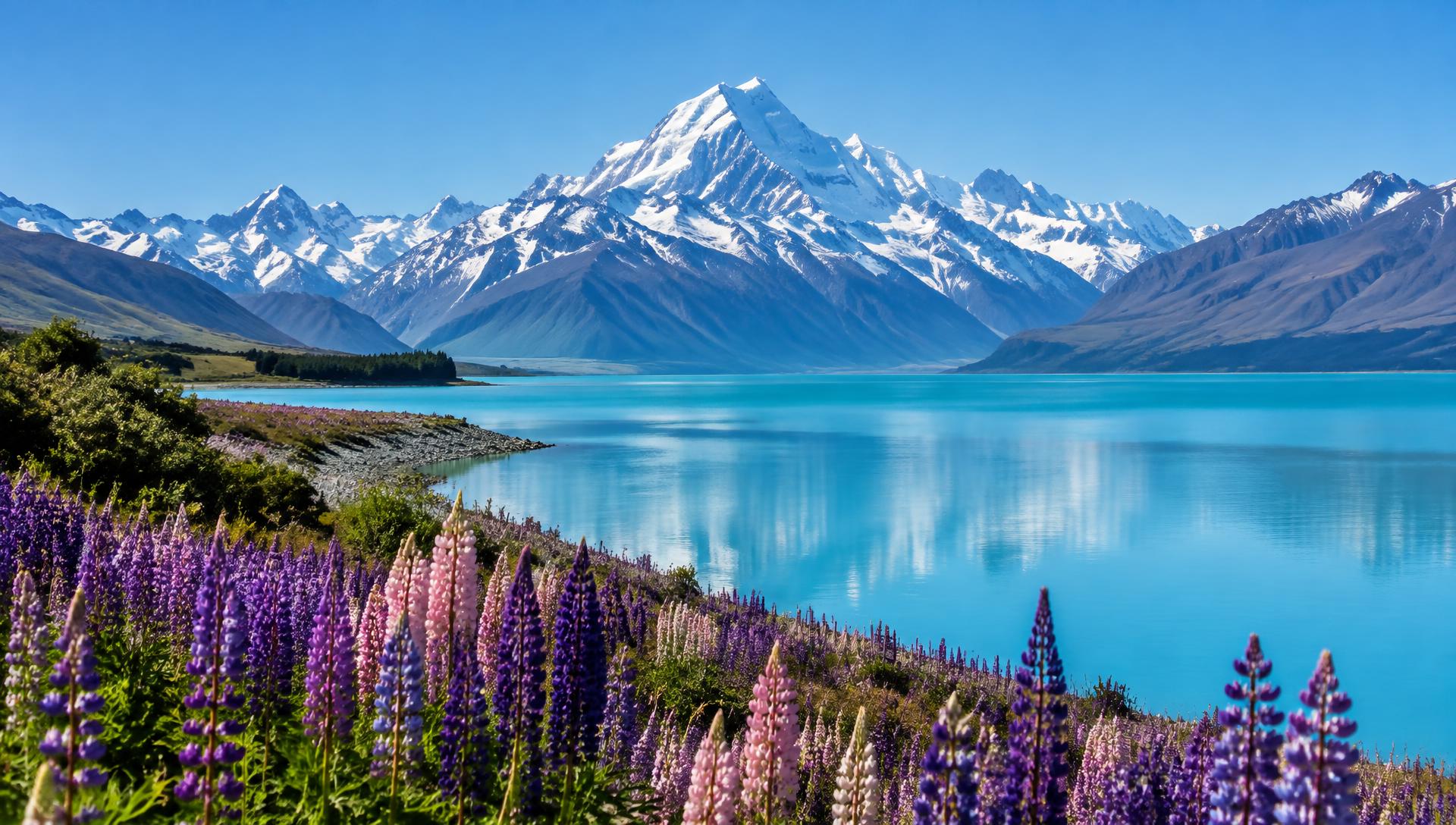 Aoraki Mount Cook and Lake Pukaki with lupins
